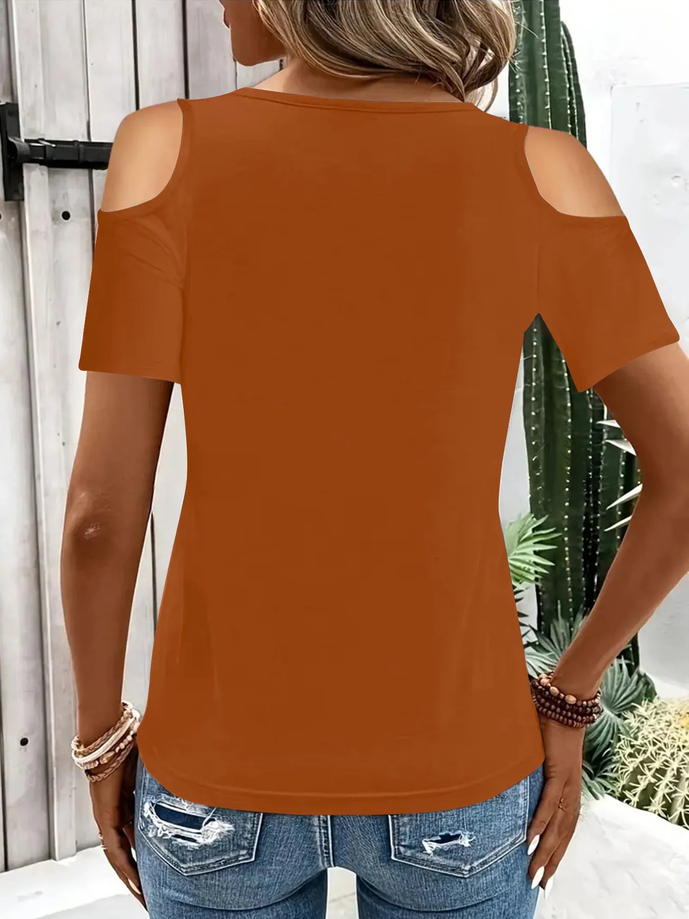 Cold Shoulder T-Shirt with Metal Ring Detail - Tigbul's Variety Fashion Shop