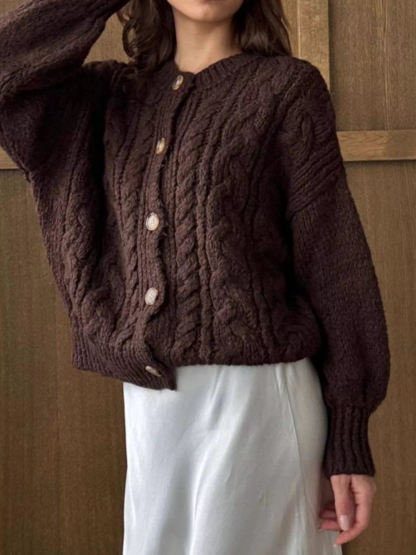 Cable Knit Button-Down Cardigan - Tigbul's Variety Fashion Shop