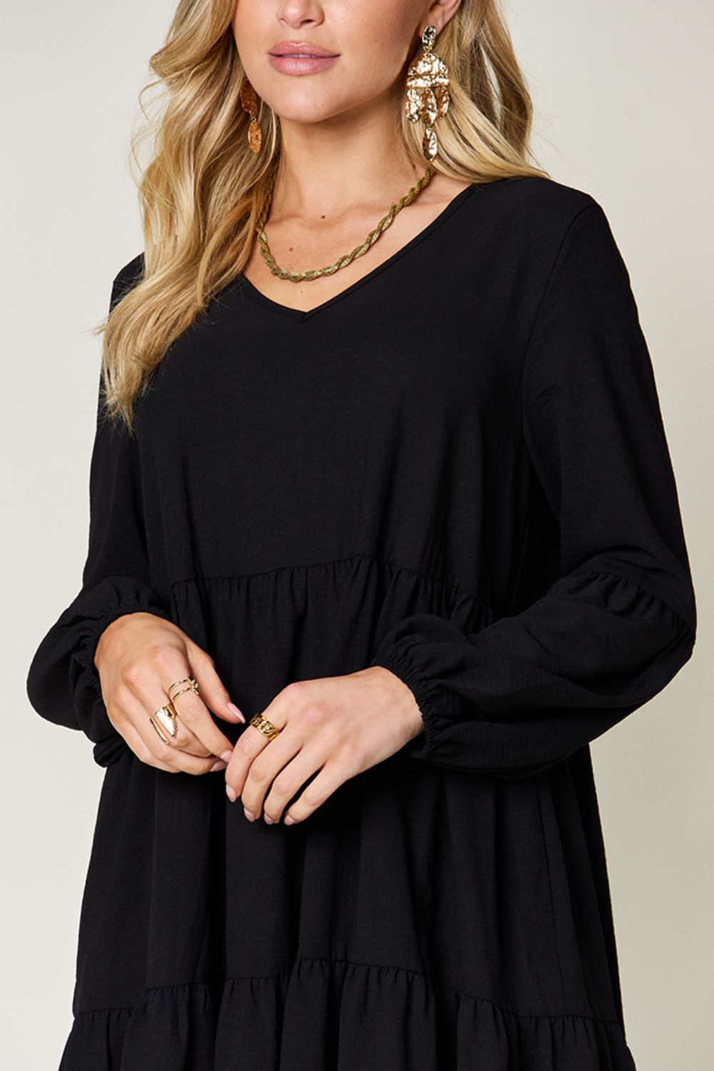 V-Neck Balloon Sleeve Tiered Dress with Pockets - Tigbul's Variety Fashion Shop