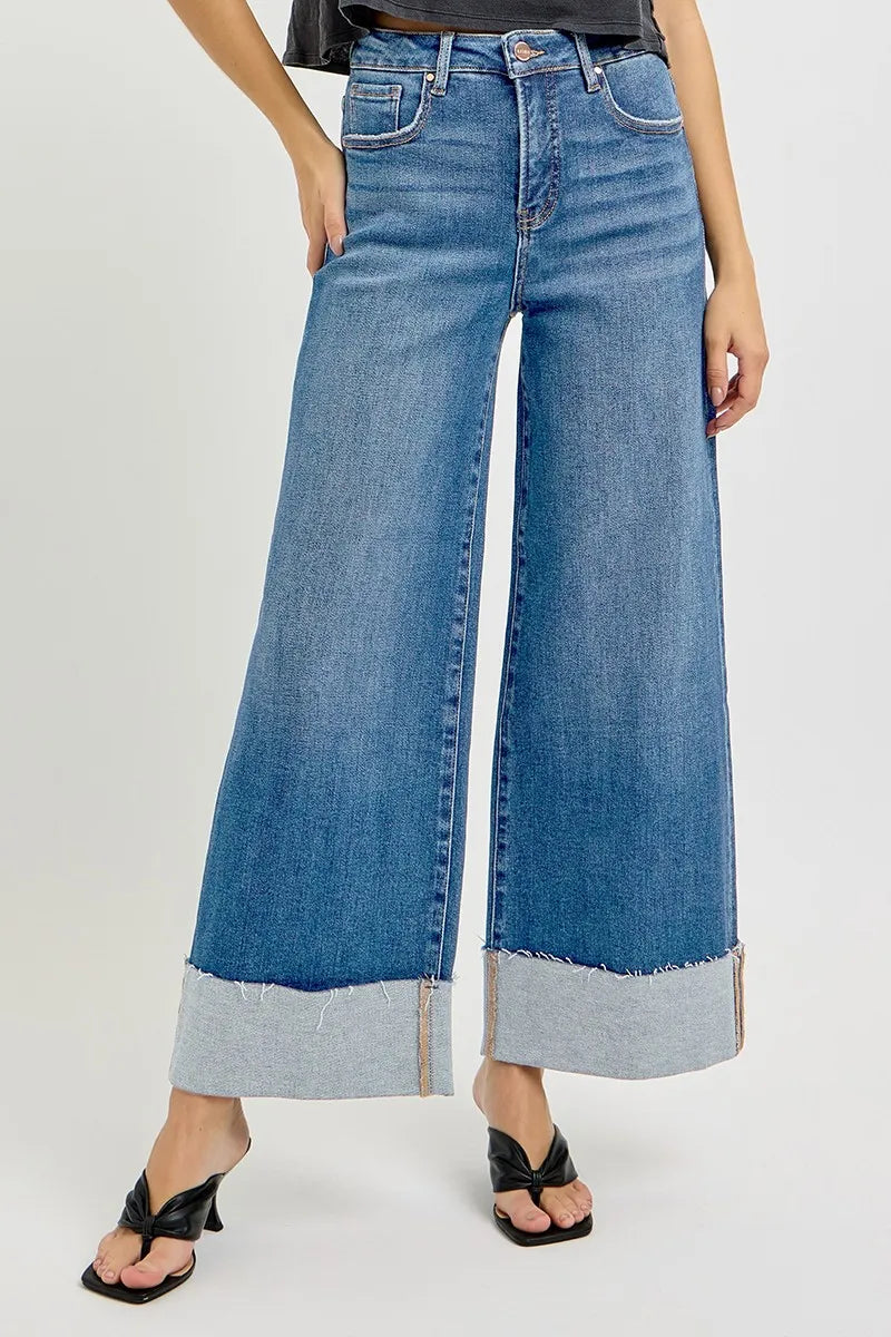 RISEN Full Size Tummy Control High Rise Crop Wide Cuffed Jeans Plus Size - Tigbul's Variety Fashion Shop