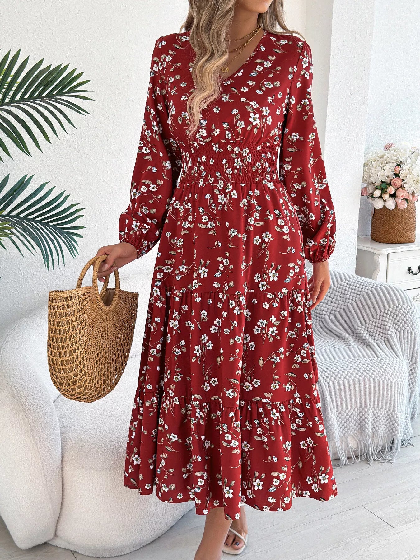 Floral Print Long Sleeve V-Neck Midi Dress - Tigbul's Variety Fashion Shop