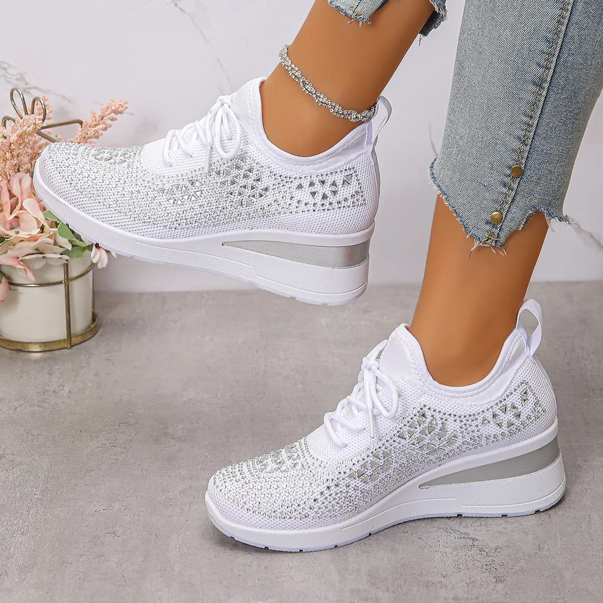 Breathable Mesh Rhinestone Wedge Athletic Sneakers - Tigbul's Variety Fashion Shop