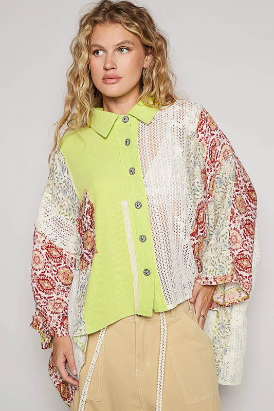 POL Thermal and Crochet Lace Mix Shirt with Floral Pattern - Tigbul's Variety Fashion Shop