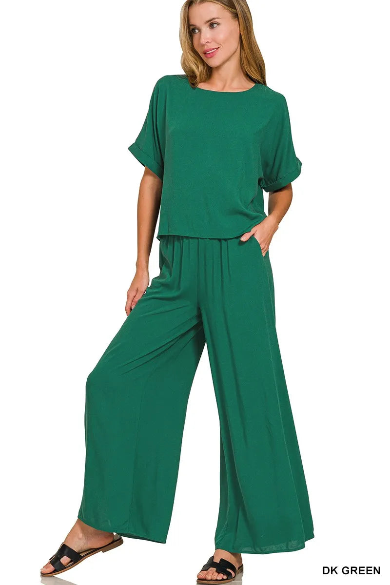 Zenana Round Neck T-Shirt and Wide Leg Pants Set - Tigbul's Variety Fashion Shop