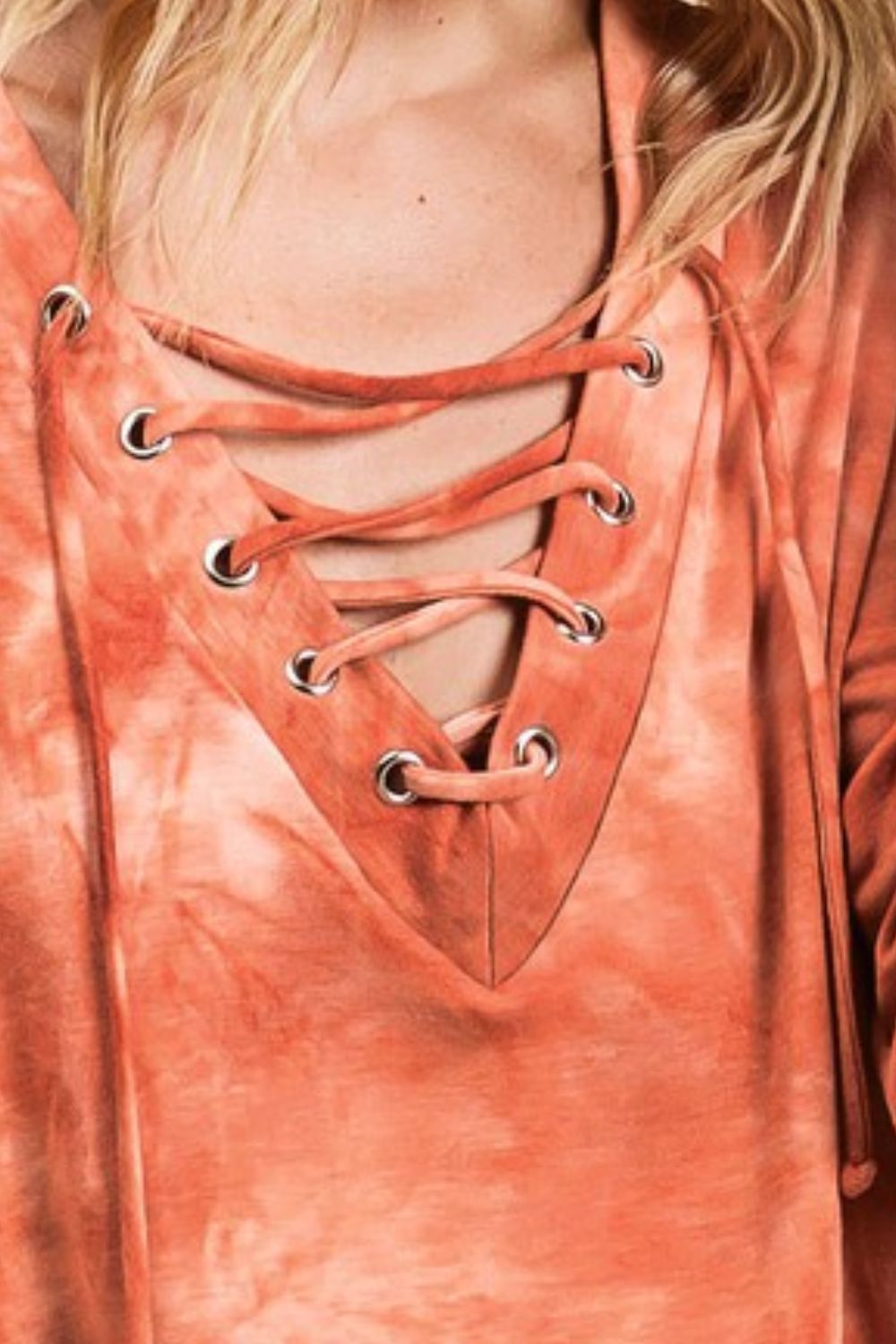 BiBi Lace-Up Tie-Dye French Terry Long Sleeve Top - Tigbul's Variety Fashion Shop