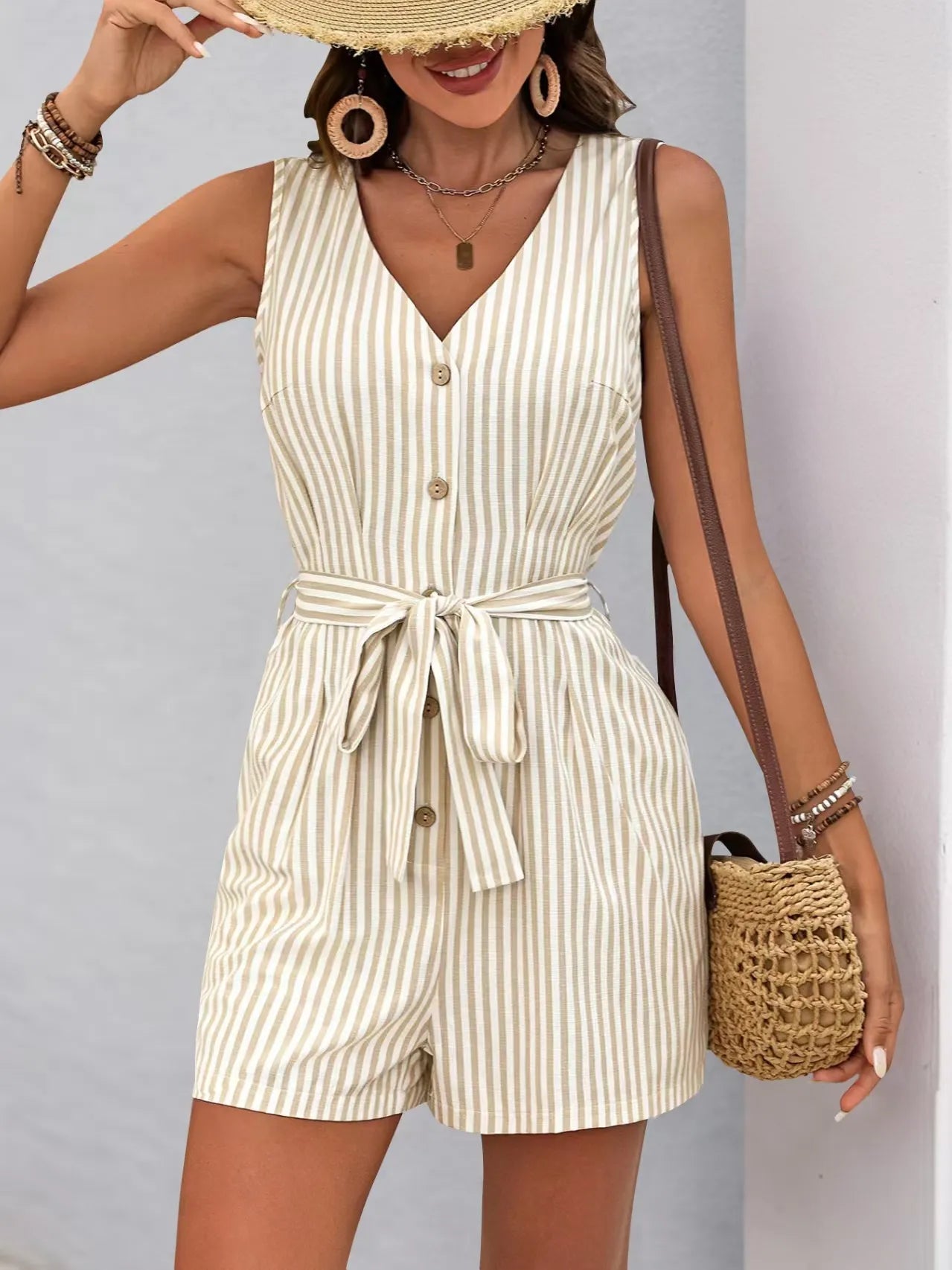 Striped V-neck Button Front Belted Romper - Tigbul's Variety Fashion Shop