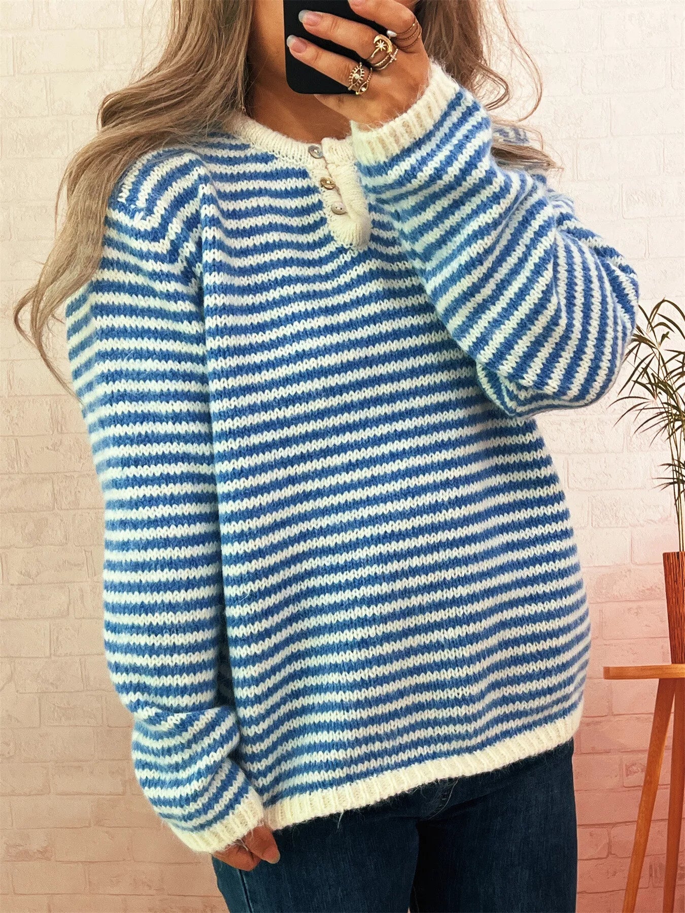 Striped Button Detail Long Sleeve Sweater - Tigbul's Variety Fashion Shop