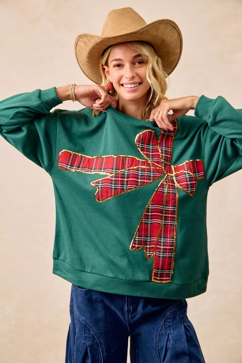 Plaid Ribbon Bow Detail Christmas Fleece Pullover Sweater - Tigbul's Variety Fashion Shop