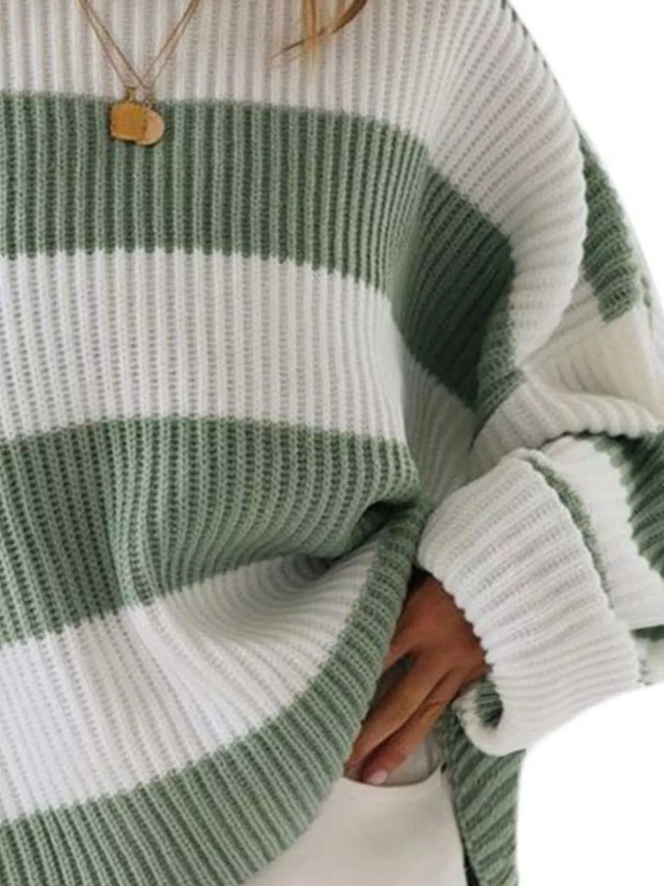 Full Size Contrast Striped Round Neck Sweater Plus Size - Tigbul's Variety Fashion Shop