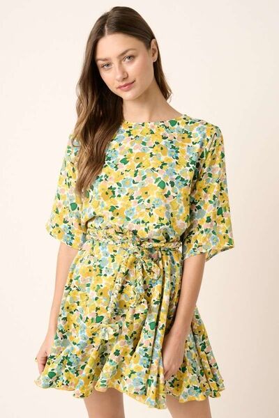 Yellow Combo Floral Tie Waist Half Sleeve Mini Dress - Tigbul's Variety Fashion Shop