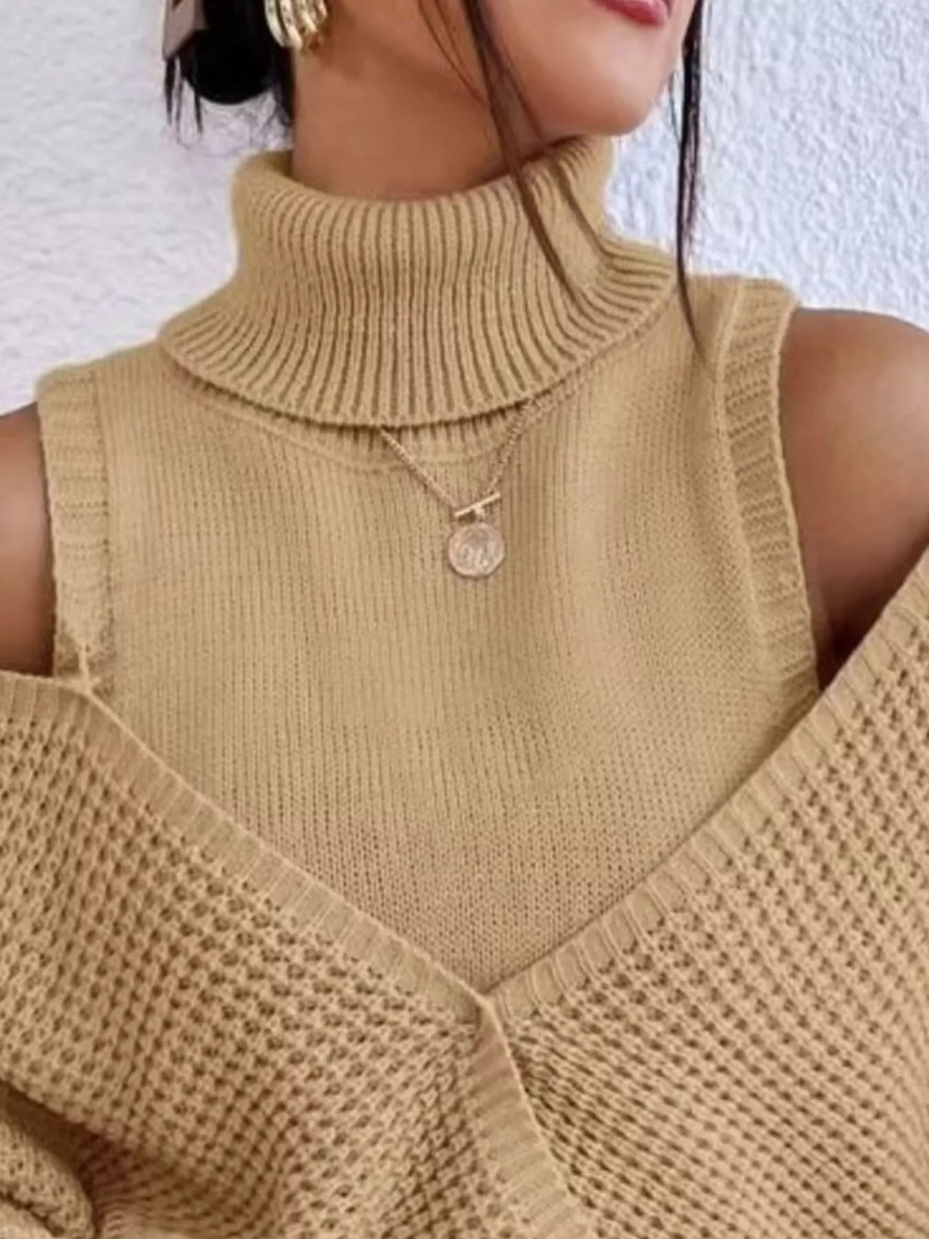 Waffle Knit Cold Shoulder Turtleneck Sweater - Tigbul's Variety Fashion Shop