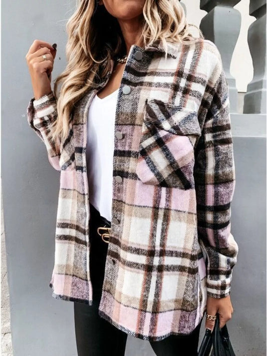 Plaid Button-Down Long Sleeve Shacket - Tigbul's Variety Fashion Shop