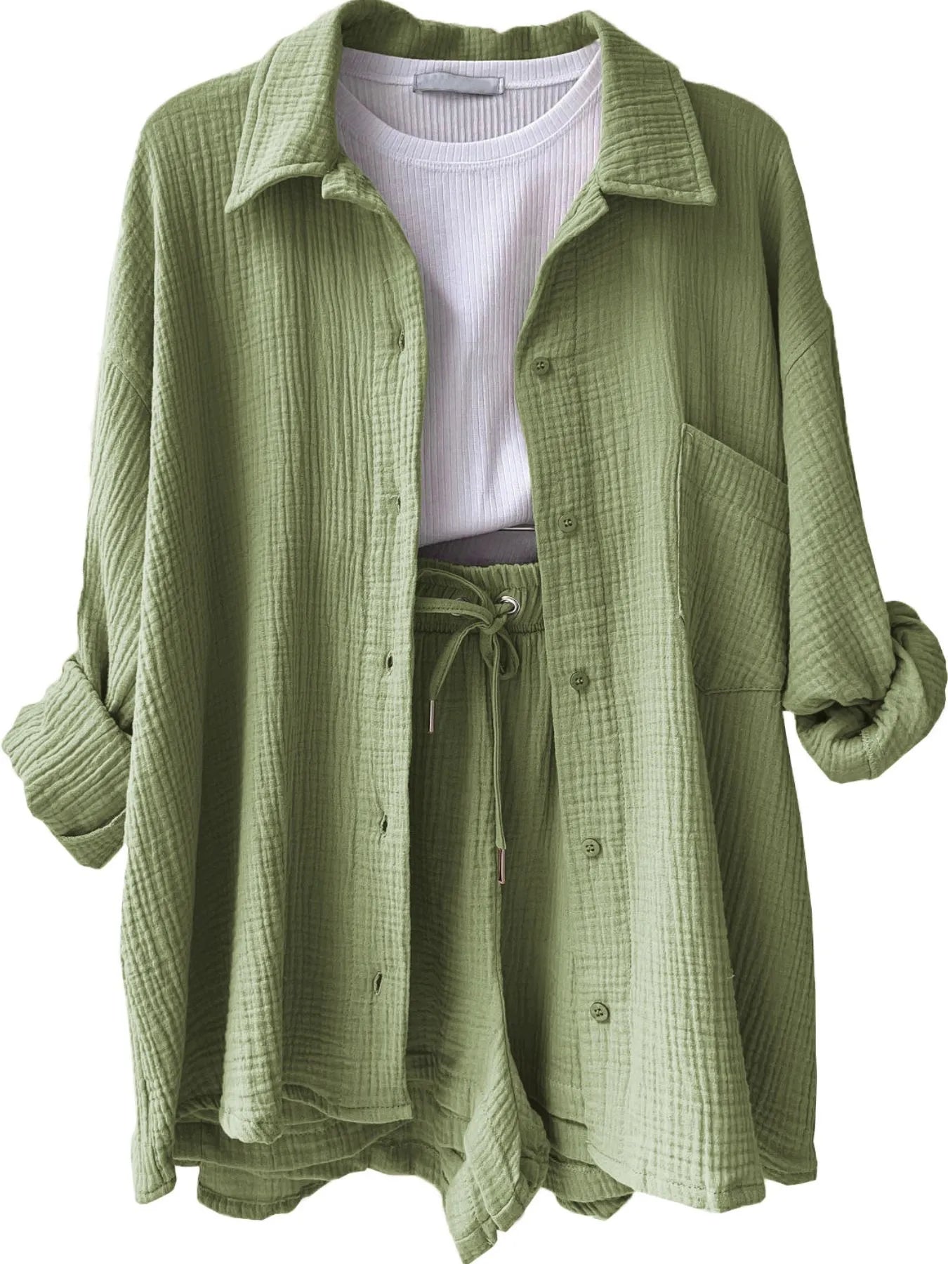 Textured Button Up Shirt and Shorts Set - Tigbul's Variety Fashion Shop