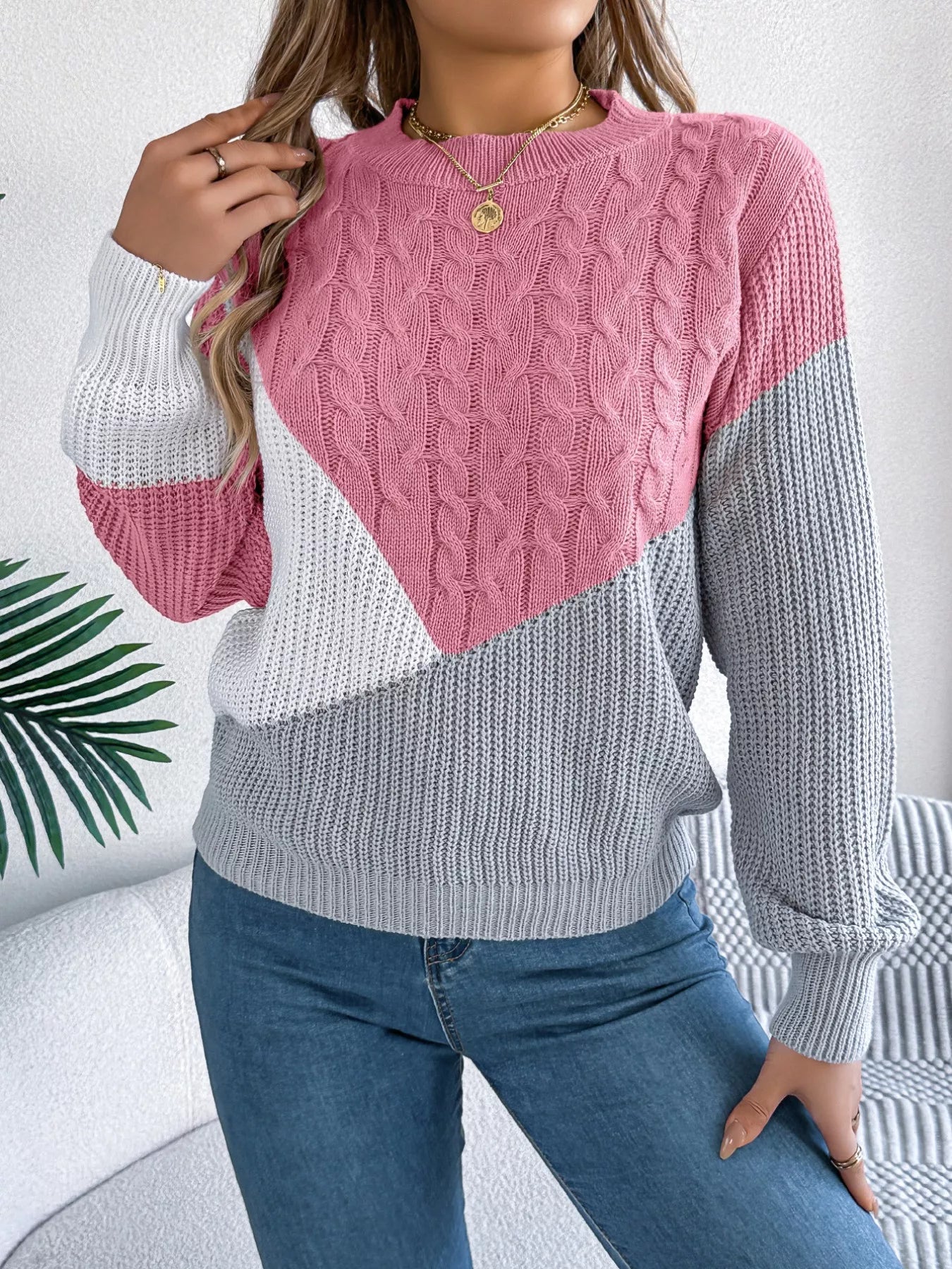 Color Block Cable Knit Long Sleeve Sweater - Tigbul's Variety Fashion Shop