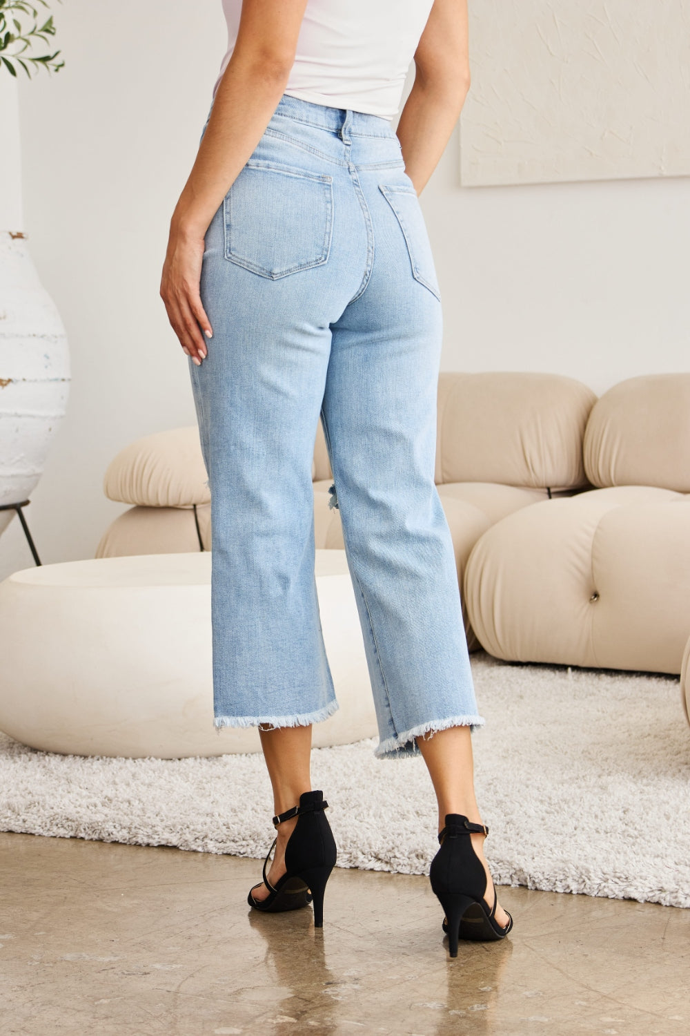 RFM Tummy Control High Waist Raw Hem Distressed Jeans - Tigbul's Variety Fashion Shop