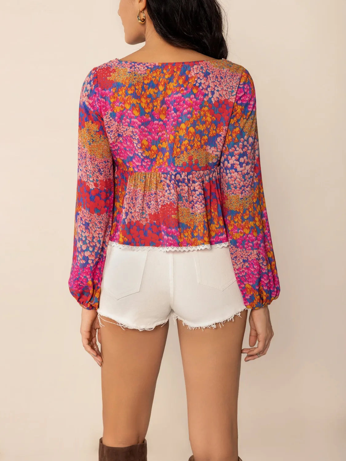 Lace Detail Printed Balloon Sleeve Top - Tigbul's Variety Fashion Shop