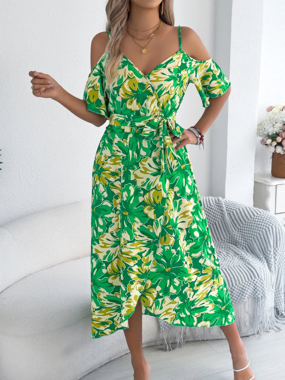 Printed Cold Shoulder Midi Cami Dress - Tigbul's Variety Fashion Shop