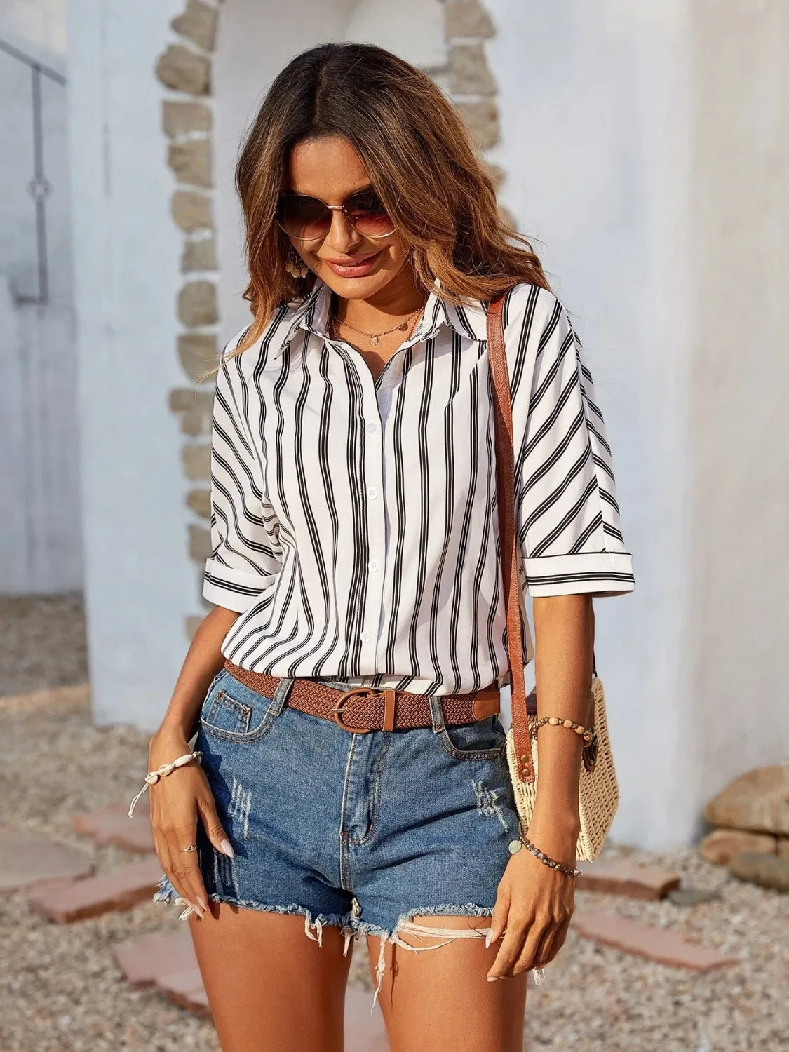 Striped Collared Neck Half Sleeve Shirt - Tigbul's Variety Fashion Shop