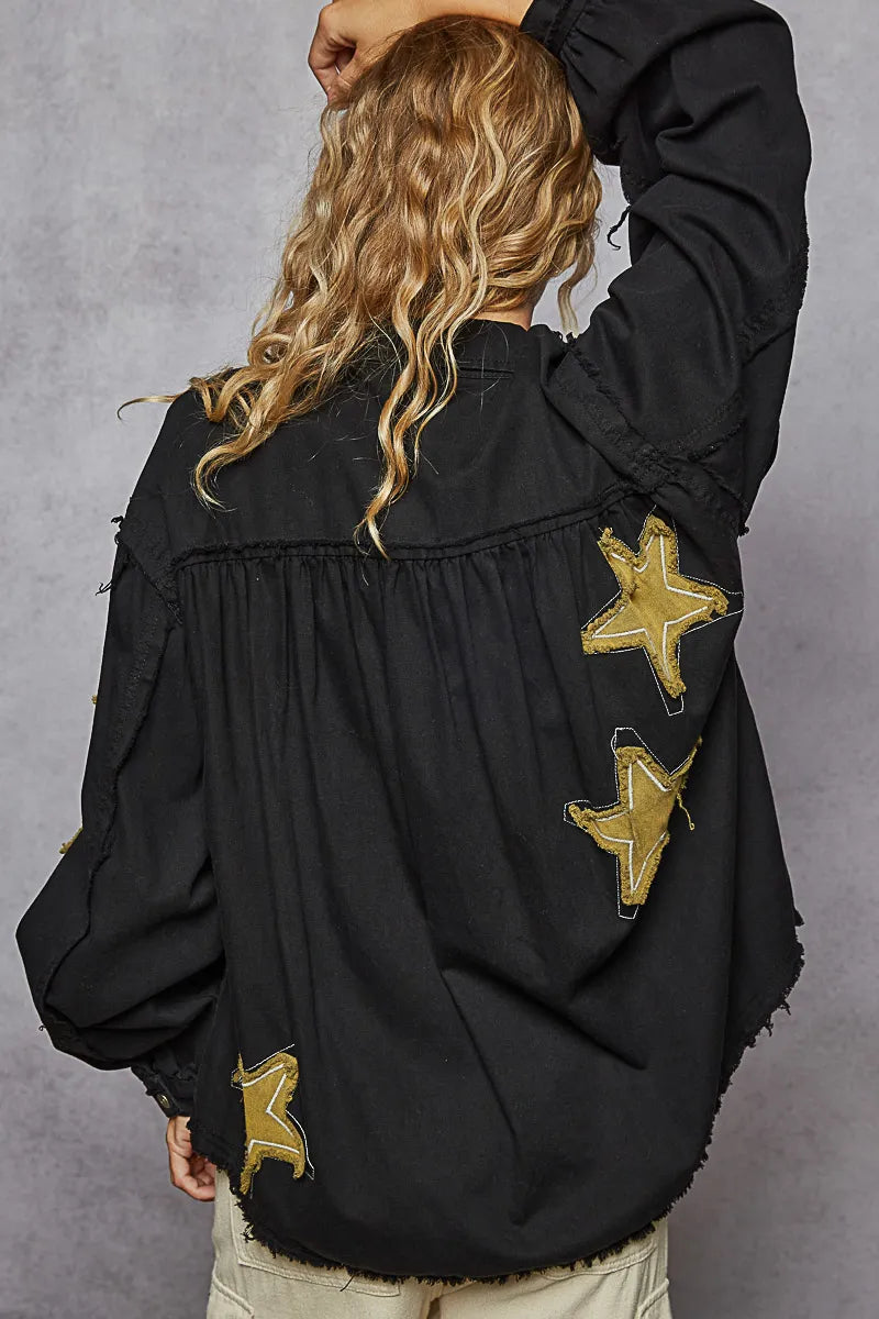 POL Star Patch Raw Hem Button Up Denim Jacket - Tigbul's Variety Fashion Shop