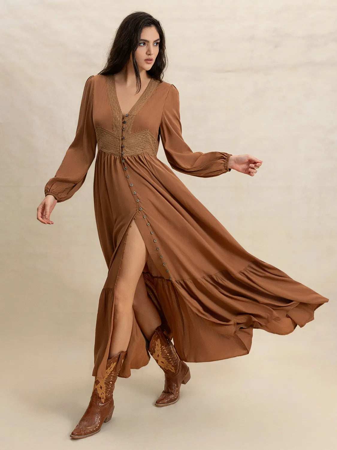 Brown Ruffled Hem V-Neck Balloon Sleeve Maxi Dress - Tigbul's Variety Fashion Shop