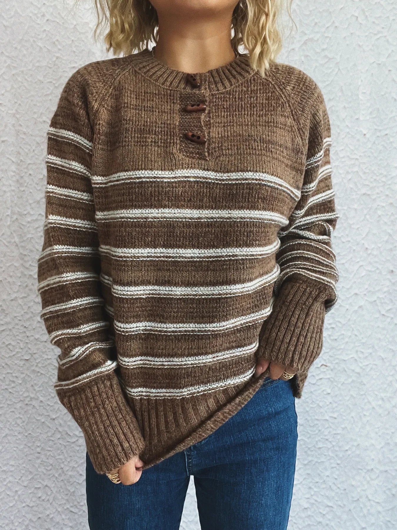 Striped Button Detail Long Sleeve Sweater - Tigbul's Variety Fashion Shop
