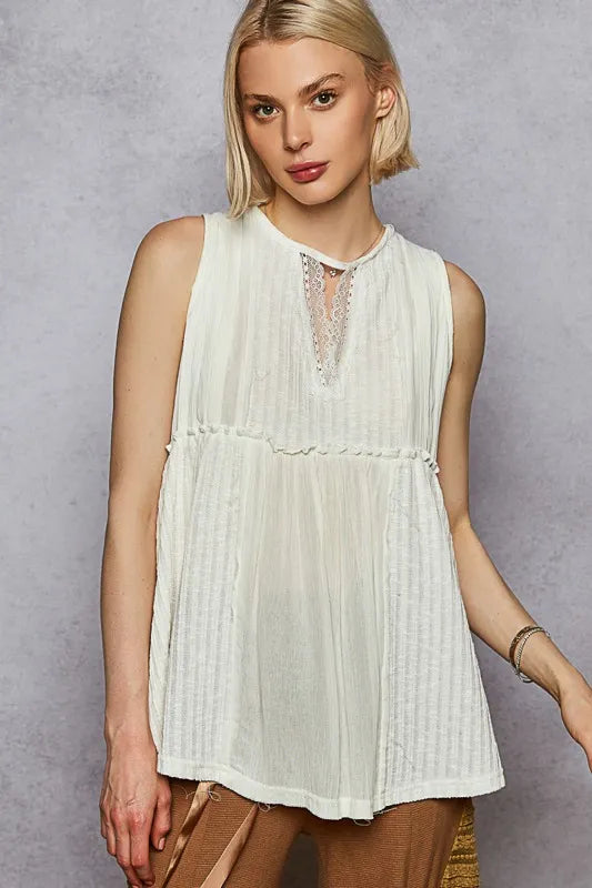POL Lace Trim Round Neck Tank with Pintuck Detail - Tigbul's Variety Fashion Shop