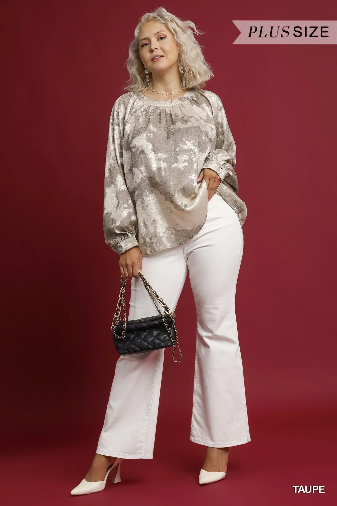 Umgee Full Size Metallic Fabric Blouse with Balloon Sleeves Plus Size - Tigbul's Variety Fashion Shop