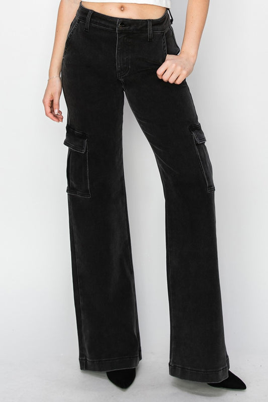 Black High Rise Wide Leg Cargo Jeans Sz. 24-3XL - Tigbul's Variety Fashion Shop