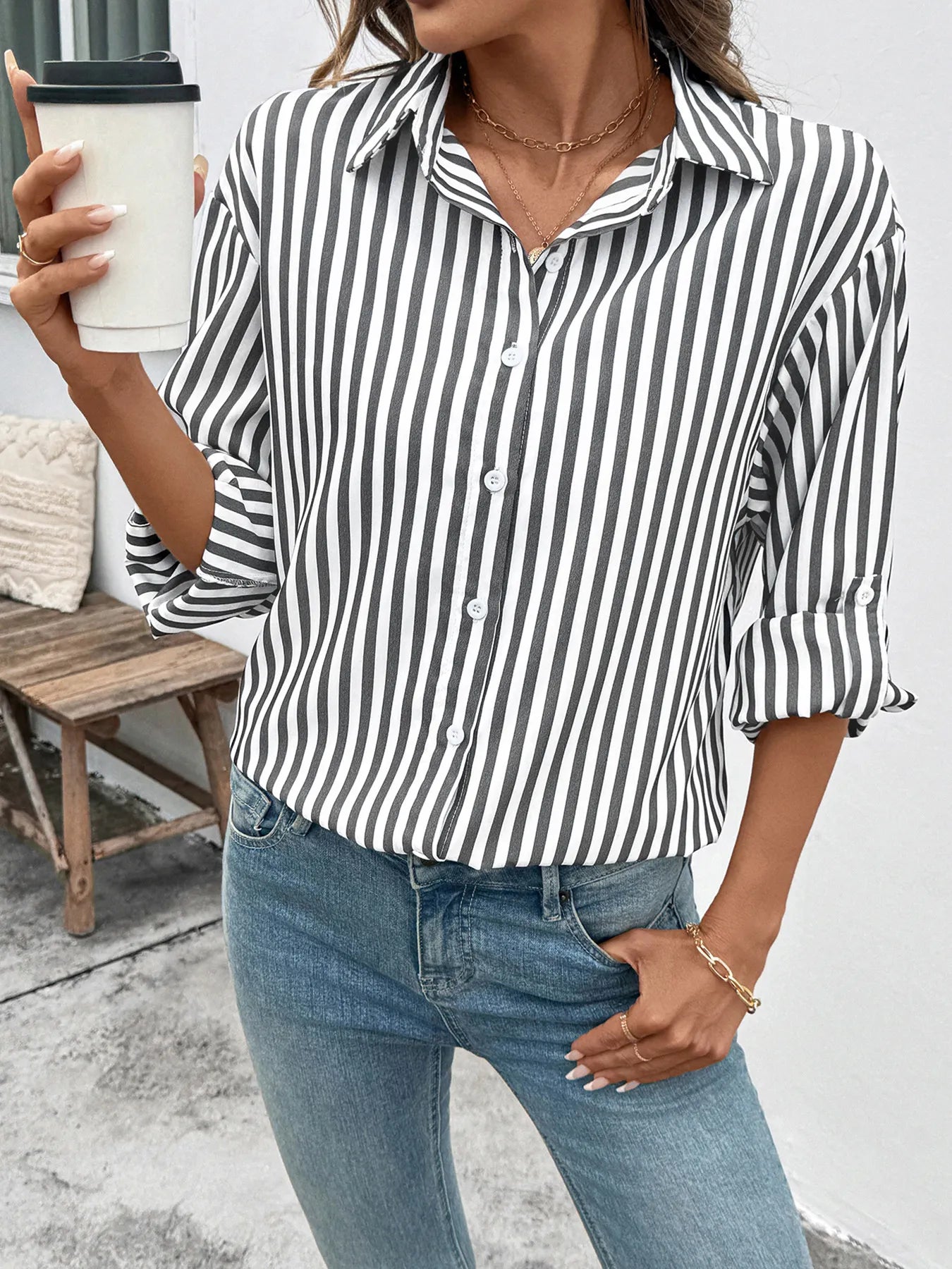 Striped Oversized Button-Up Shirt - Tigbul's Variety Fashion Shop
