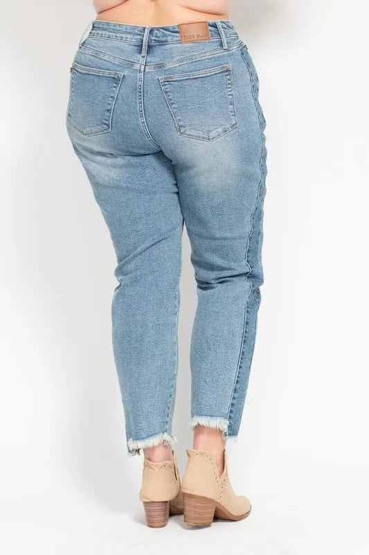 Judy Blue Full Size Vintage Wash Side Panel Detail with Fray Hem Slim Plus Size - Tigbul's Variety Fashion Shop