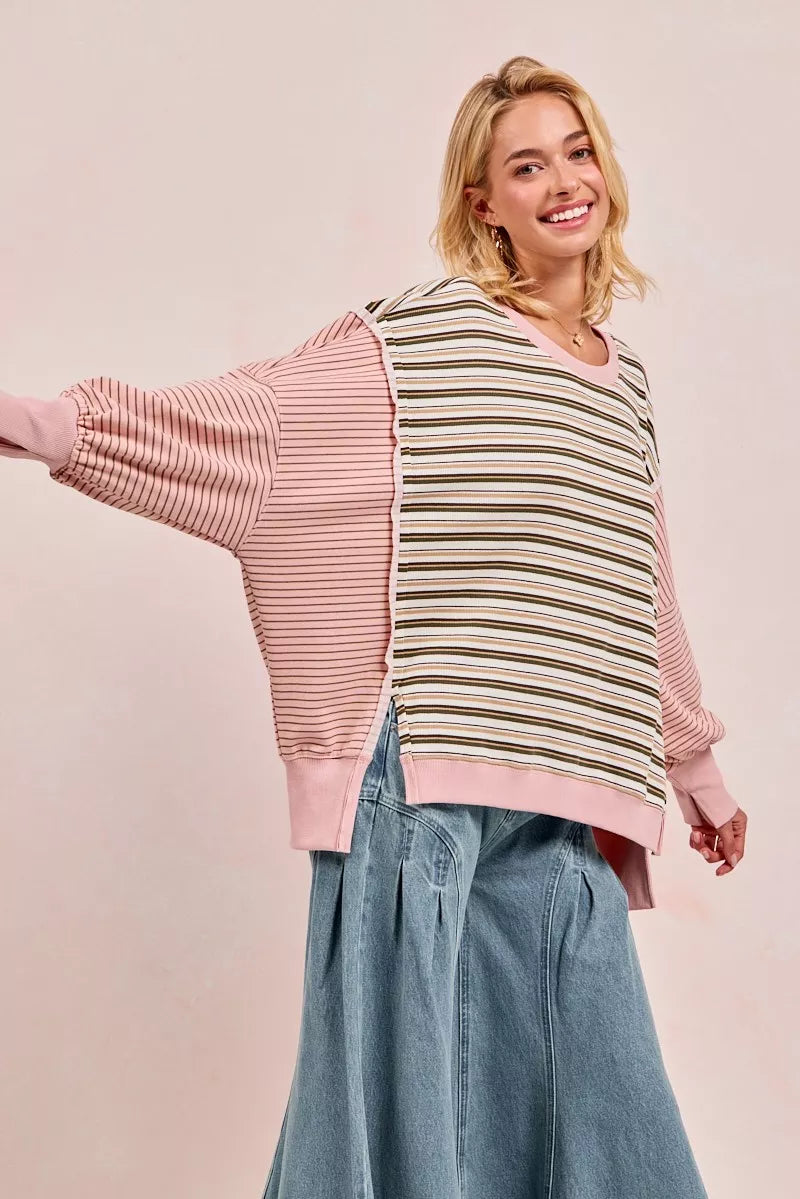 BiBi Stripe Mixed Top With Cut Edge And Reverse Outseam - Tigbul's Variety Fashion Shop