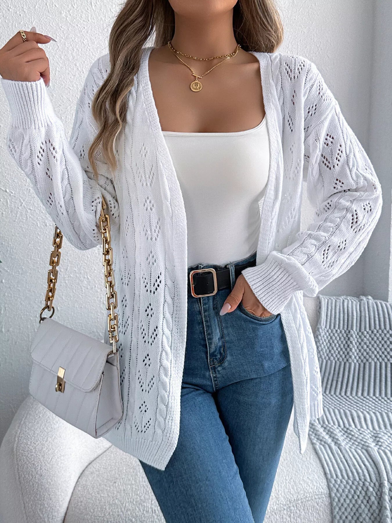 Openwork Open Front Long Sleeve Cardigan - Tigbul's Variety Fashion Shop