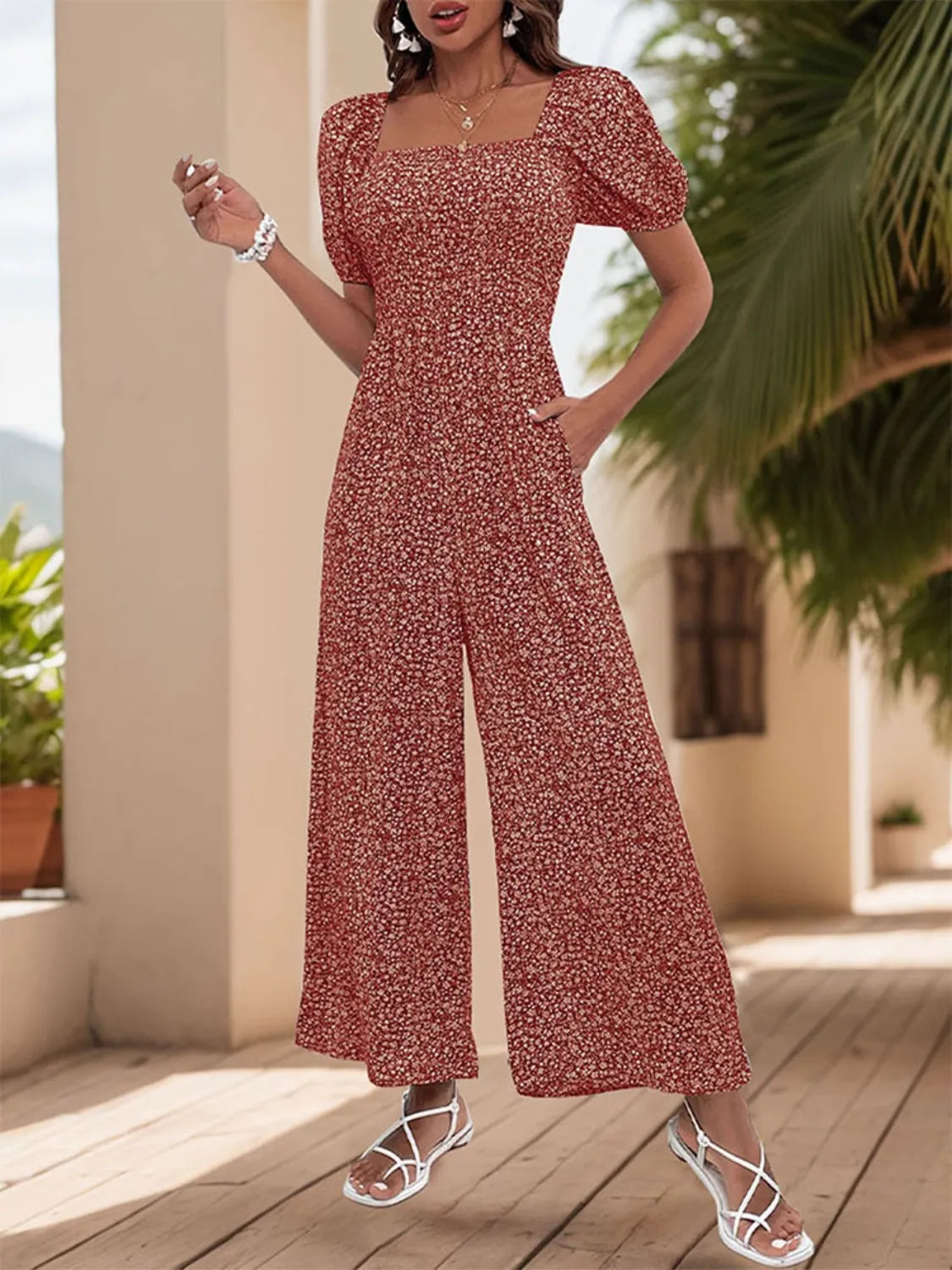 Printed Square Neck Puff Sleeve Jumpsuit - Tigbul's Variety Fashion Shop