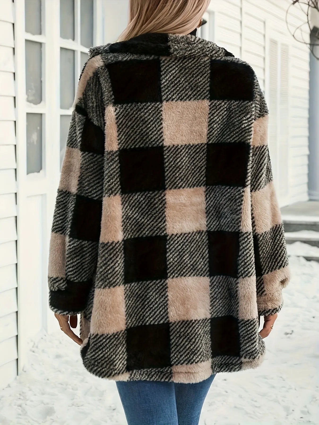 Button Down Collared Neck Plaid Teddy Coat with Pockets - Tigbul's Variety Fashion Shop