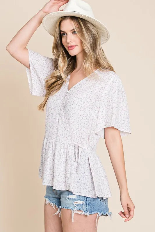 Ditsy Print V-Neck Short Sleeve Wrap Blouse - Tigbul's Variety Fashion Shop