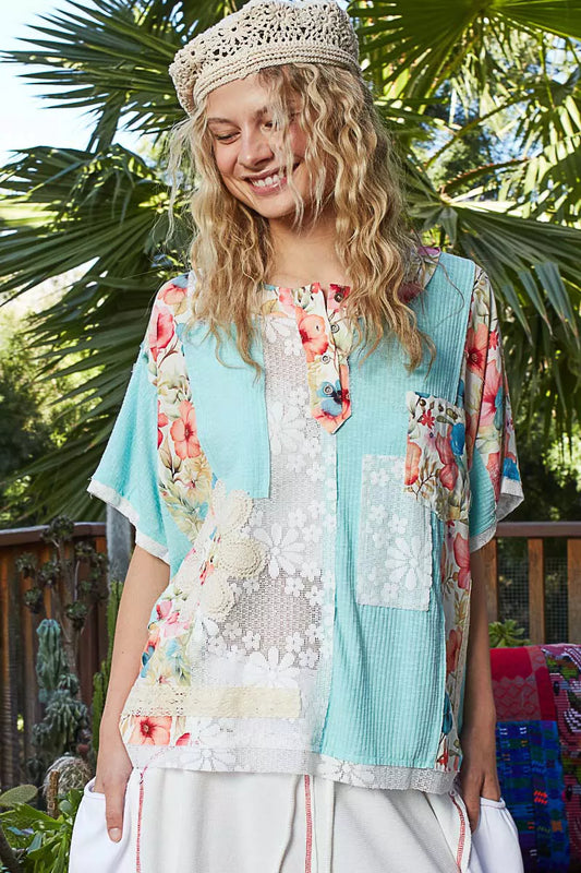 POL Lace Round Neck Short Sleeve Floral Pattern Top with Patch Detail - Tigbul's Variety Fashion Shop