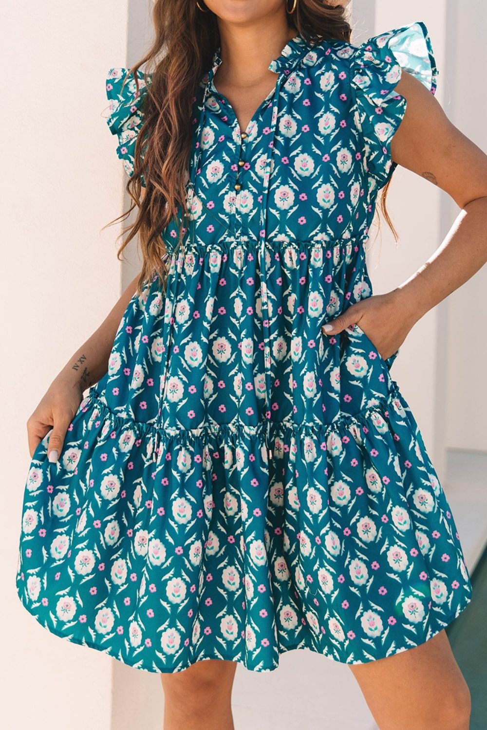 Printed Tie Neck Ruffled Cap Sleeve Dress - Tigbul's Variety Fashion Shop