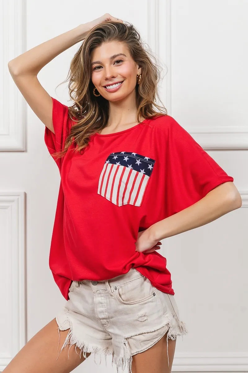 Red French Terry With Front Pocket Dolman Sleeves Top - Tigbul's Variety Fashion Shop