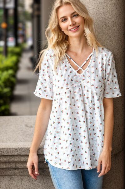 Floral Crisscross Ditsy Floral Babydoll Top - Tigbul's Variety Fashion Shop