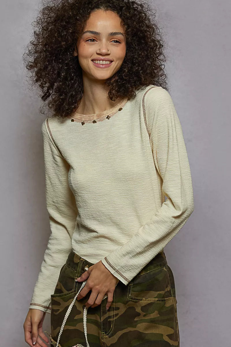 POL Round Neck Long Sleeve Contrast Stitching T-Shirt with Stud Detail - Tigbul's Variety Fashion Shop