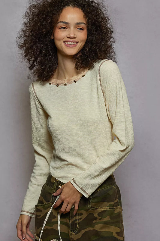 POL Round Neck Long Sleeve Contrast Stitching T-Shirt with Stud Detail - Tigbul's Variety Fashion Shop