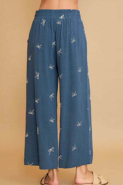 Dusty Blue Lace Drawstring Embroidered Bow Wide Leg Pants - Tigbul's Variety Fashion Shop