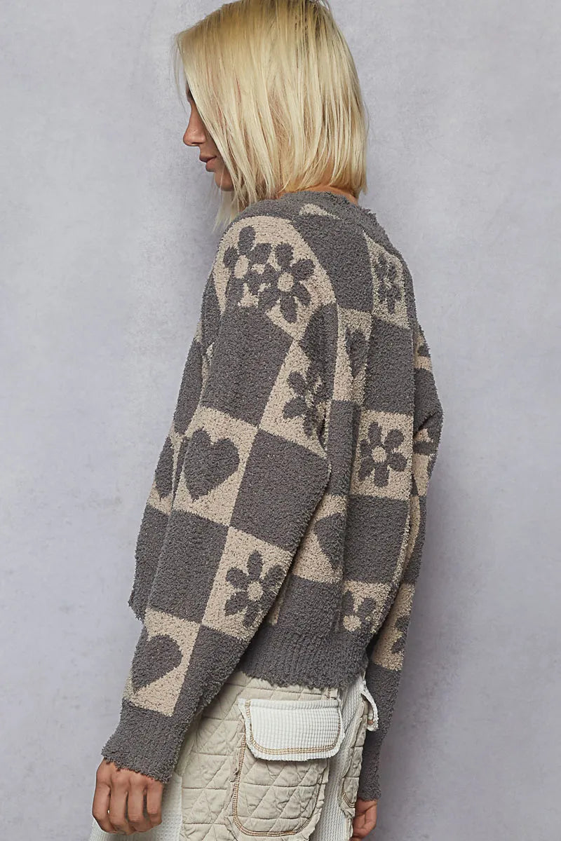 POL V-Neck Heart Pattern Checkered Sweater - Tigbul's Variety Fashion Shop