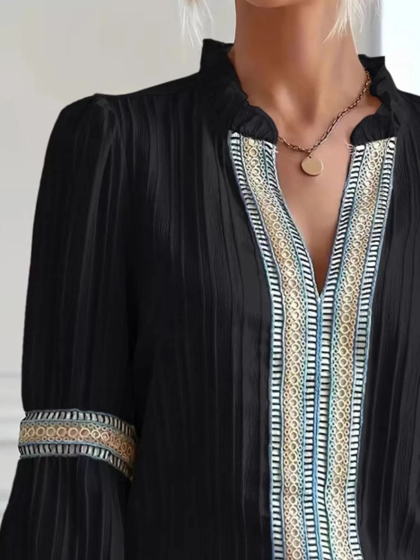 Notched Textured Balloon Sleeve Blouse - Tigbul's Variety Fashion Shop