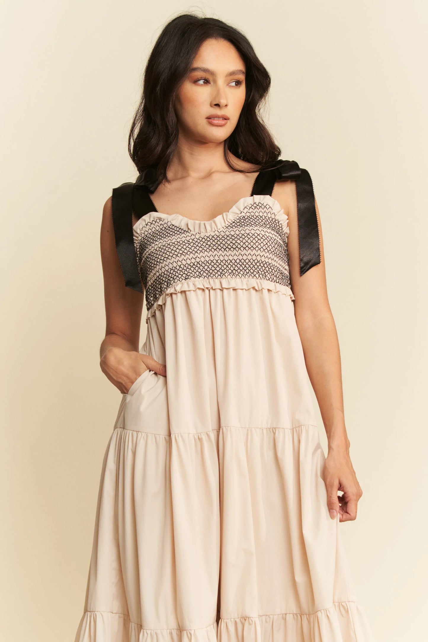 Beige Multi Contrast Smocked Bodice Straps Maxi Dress - Tigbul's Variety Fashion Shop