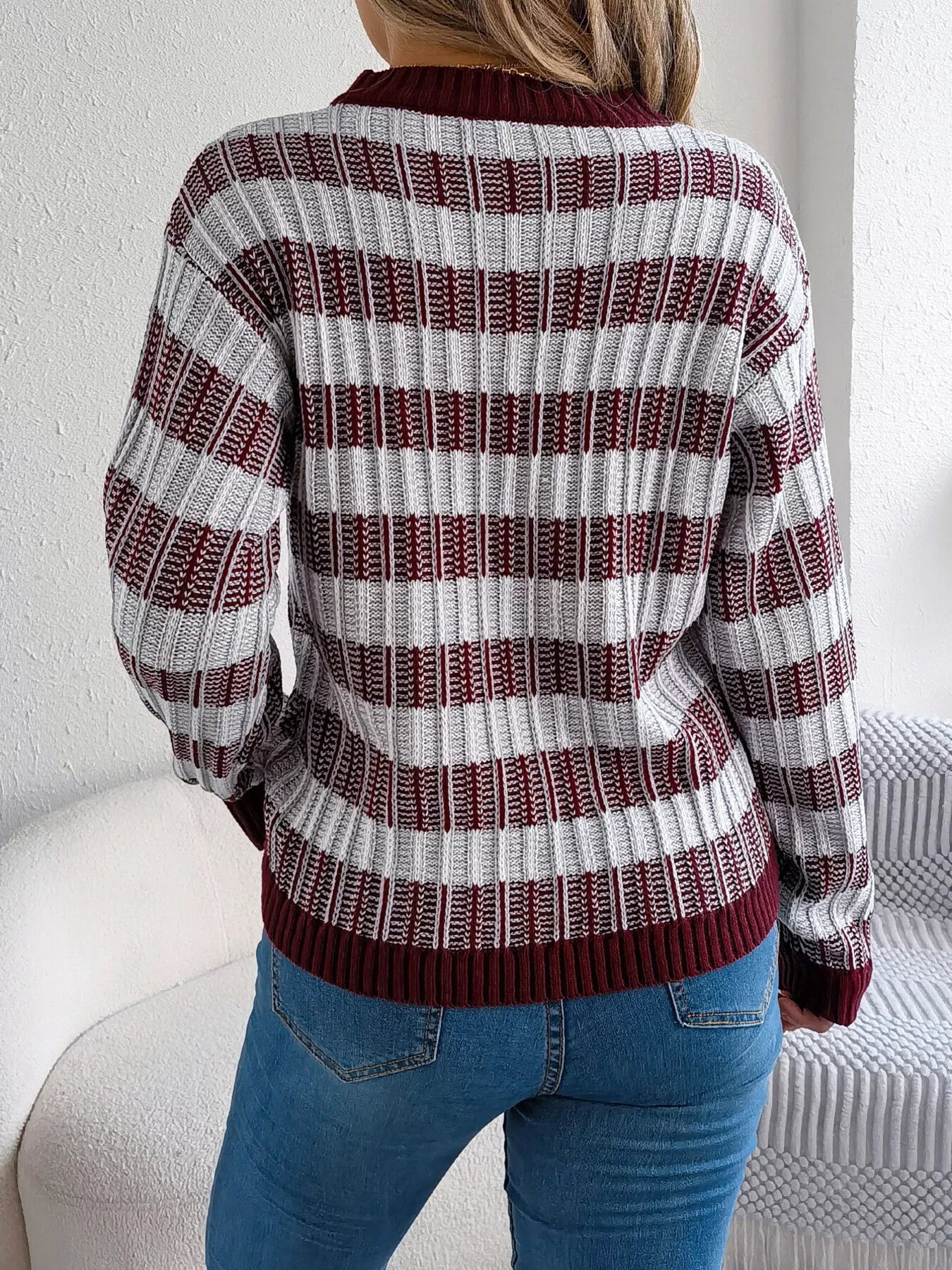 Striped Round Neck Long Sleeve Sweater - Tigbul's Variety Fashion Shop