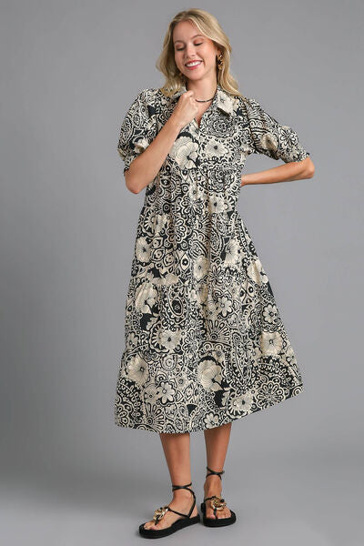 Black Printed Smocked Cuff Puff Sleeve Midi Dress - Tigbul's Variety Fashion Shop