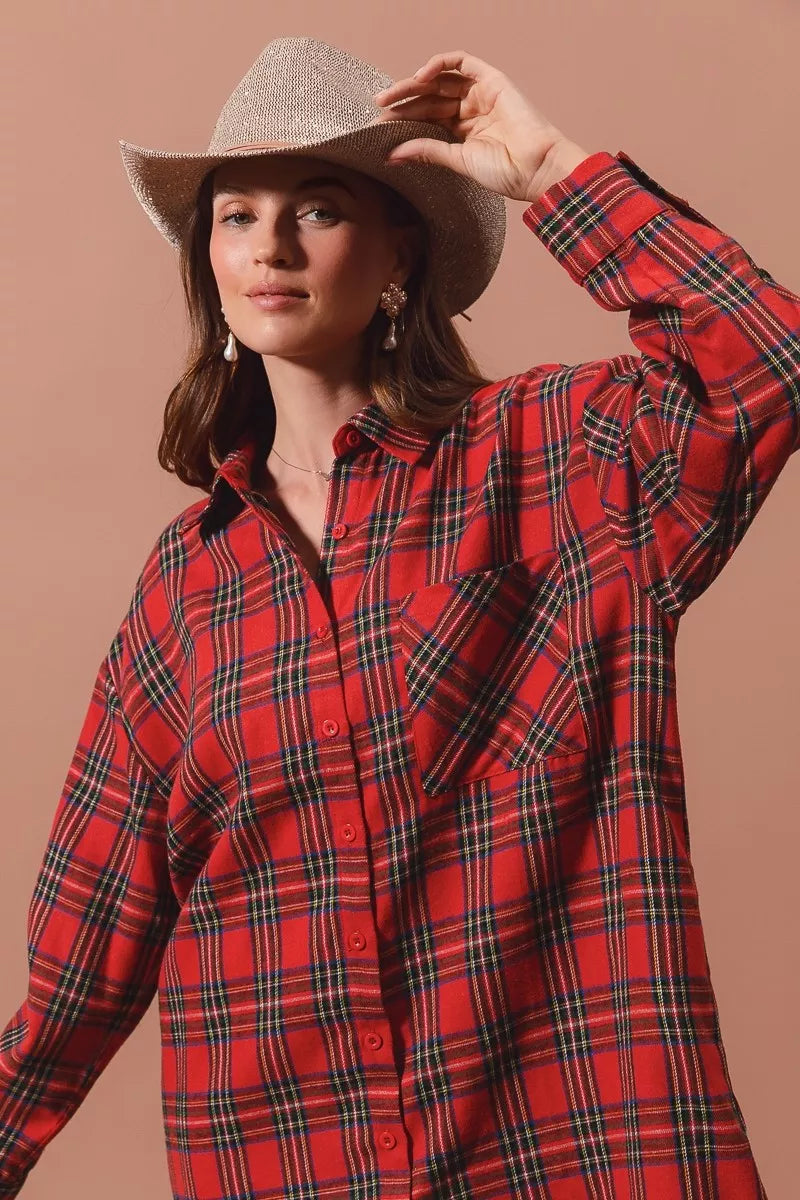 SO ME Christmas Checker Plaid Button Up Shirt Dress - Tigbul's Variety Fashion Shop