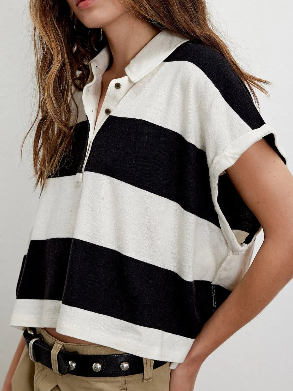 Striped Collared Neck Short Sleeve Top - Tigbul's Variety Fashion Shop