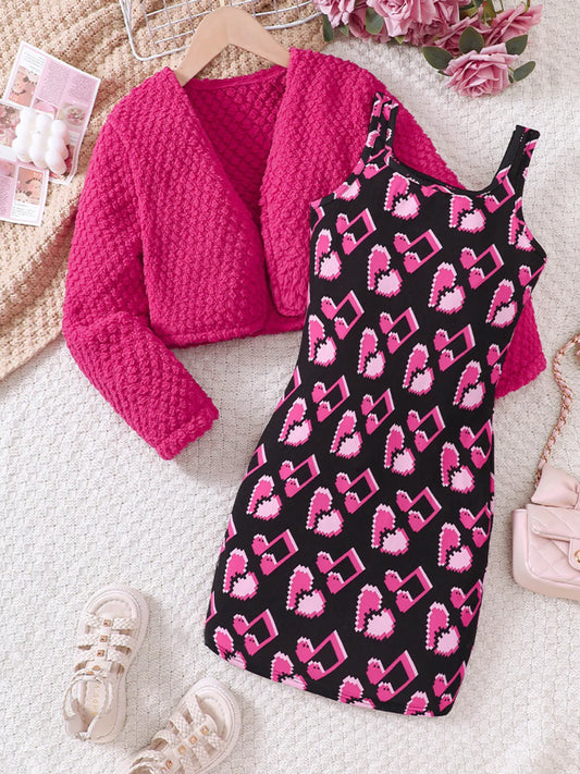Children's Girls Printed Dress and Cardigan Set - Tigbuls Variety